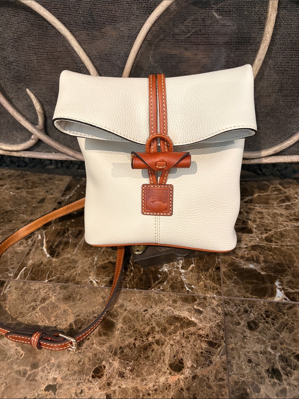 Dooney & Bourke Cream Leather Crossbody with Brown Trim and Toggle Closure - Picture 8 of 9